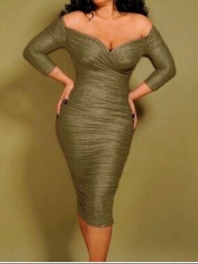 Laura Byrnes/PUG Monica Gold Ruched Wrap-Front Evening Dress
